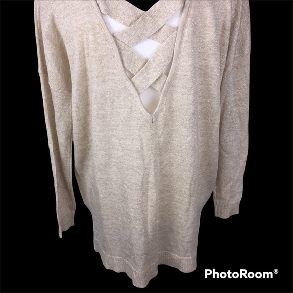 Gold Glitter Crossback Oversized Sweater Small Sparkle Shiny Party Holiday - Picture 3 of 8